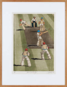 JAMES WILLEBRANT (1950- ): "Hook to the Boundary", colour etching, signed lower right, dated '84 and numbered 5/75, window mounted, framed & glazed, overall 68x88cm.