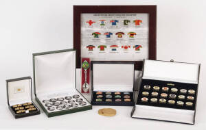 CRICKET MEMORABILIA: Large quantity, noted; "Australian Cricket Team 1930" badges in box (reproduction); Limited edition Cricket World Cup Collection of badges (c2003); coins, stamps, first day covers, collectors spoons and medals. VG to excellent conditi