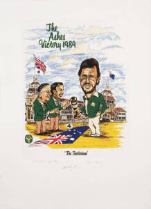 "The Ashes Victory 1989": Pair of lithograph prints by Philo Brazier "The Tacticians" & "Wizards of the Willow" signed by Bob Simpson, Allan Border, Laurie Searle, Mark Taylor, David Boon, Dean Jones, Geoff Marsh and Steve Waugh. Dick Frizzell limited edi