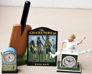 CRICKET Ornaments and memorabilia; noted, collection of Australian and English county pennants and shield name plaques, cricket trophies, statues, desk sets, commemorative glasses, mugs, and ornaments. Fair to VG condition.