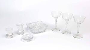 A Bohemian crystal bowl, Baccarat dish and vase, crystal thistle vase and three wine glasses, 20th Century; the glasses 14.5cm