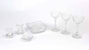 A Bohemian crystal bowl, Baccarat dish and vase, crystal thistle vase and three wine glasses, 20th Century; the glasses 14.5cm