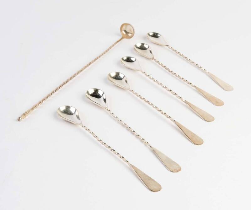 A French silver cocktail spoon by Robert Linzeler Argenson together with a set of six Mexican silver ice tea spoons (7 items). The cocktail spoon from the noted French silversmith was a gift to Heifetz; the set of ice spoons purchased by Heifetz during a