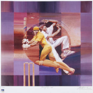 CRICKET PRINTS: Group of cricket and sporting prints and posters. Noted autographs; Steve Waugh, Allan Border, Allan Donald. Includes Charles Billich limited edition 39/249 lithograph "Reflex" [Billich was the official artist for the Australian Olympic te