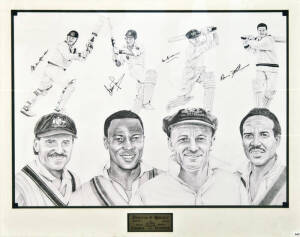 "LIVING LEGENDS", print signed by Allan Border, Brian Lara, Don Bradman & Gary Sobers, window mounted, framed & glazed, overall 122x102cm.