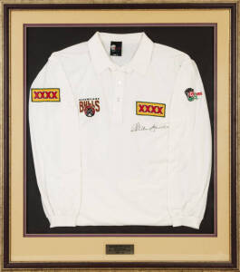 ALLAN BORDER'S QUEENSLAND BULLS SHIRT, signed on front by Allan Border, window mounted with caption "Queensland Bulls. Allan Border, Final 1st Class Appearance, 1995-96", framed & glazed, overall 86x96cm. [Allan Border played in 156 Tests 1978-94, includi