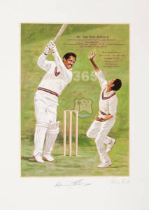 CRICKET PRINTS: Noted, "Sir Garfield Sobers" by Richie Ryall Signe by artist & player; Gerry Wright limited edition print 492/500 signed by the artist and Denis Compton & Bill Edrich. Others signatures, Rod Marsh, Dennis Lillee, Dickie Bird and Greg Chapp