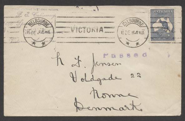 Kangaroos - 2nd Wmk - 1915 usage of Kangaroo 2½d blue (2nd Watermark, ACSC #10, $180 on cover) tied €˜MELBOURNE/11DE15€™ machine roller cancel on cover to USA paying foreign letter rate, censored with €˜Passed€™ cachet in violet on face, couple of very mi