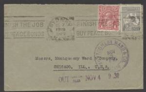 Kangaroos - 3rd Wmk - Oct.1919 usage of 2d Grey (3rd wmk) + KGV 1d Red on cover (no rear flap) from Sydney to Chicago, USA.