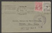 Kangaroos - 3rd Wmk - Oct.1919 usage of 2d Grey (3rd wmk) + KGV 1d Red on cover (no rear flap) from Sydney to Chicago, USA.