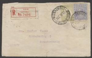 Kangaroos - 3rd Wmk - Jan.1923 usage of 3d Olive (Die 2) + KGV 4d Ultramarine on registered cover (sml faults) from Sydney to Germany; with BRAUNSCHWEIG arrival b/stamp.