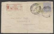 Kangaroos - 3rd Wmk - Jan.1923 usage of 3d Olive (Die 2) + KGV 4d Ultramarine on registered cover (sml faults) from Sydney to Germany; with BRAUNSCHWEIG arrival b/stamp.