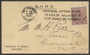 KGV Heads - Small Multiple Watermark Perf 13½ x 12½: 1½d brown punctured 'OS' (Die 2; Small Multiple Watermark; ACSC #93b $200 on cover) tied 'MELBOURNE/12APR/1933/VICTORIA' slogan cancel on Department of Defence OHMS correspondence postcard with 'AIR BOA