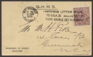 KGV Heads - Small Multiple Watermark Perf 13&frac12; x 12&frac12;: 1&frac12;d brown punctured 'OS' (Die 2; Small Multiple Watermark;&nbsp;ACSC&nbsp;#93b $200 on cover) tied 'MELBOURNE/12APR/1933/VICTORIA' slogan cancel&nbsp;on Department of Defence OHMS correspondence postcard with 'AIR BOA