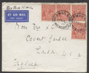 KGV - CofA Watermark - July 1934 usage of 2d Scarlet perforated "VG" (4 singles) tied on Vice Regal airmailed envelope from Melbourne to London. Attractive use of Victorian State Official perfins.