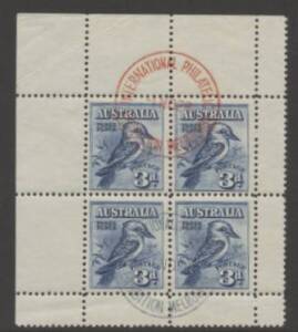 King George V Period - Kookaburra 3d M/S with two strikes of the commemorative 'INTERNATIONAL PHILATELIC/-1NO28/EXHIBITION MELBOURNE' cds in red & blue, couple of minor creases in the margin only. Cat $350.