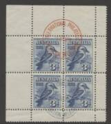 King George V Period - Kookaburra 3d M/S with two strikes of the commemorative 'INTERNATIONAL PHILATELIC/-1NO28/EXHIBITION MELBOURNE' cds in red & blue, couple of minor creases in the margin only. Cat $350.