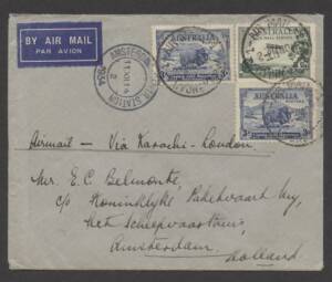 King George V Period - Nov.1934 usage of 3d green Airmail + 3d Macarthur (x2) paying the "Airmail via Karachi to London) rate on a cover from Sydney to Amsterdam. Fine commercial item.