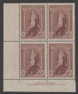 King George VI Period - Robes 5/- lake on tinted thin unsurfaced paper 'By Authority' imprint block of 4 with lower two stamps never hinged & top two lightly hinged. Cat $100 for hinged.