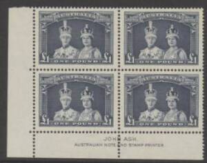 King George VI Period - Robes £1 blue on chalk-surfaced paper 'John Ash' imprint block of 4 with all stamps never hinged. Cat $500.