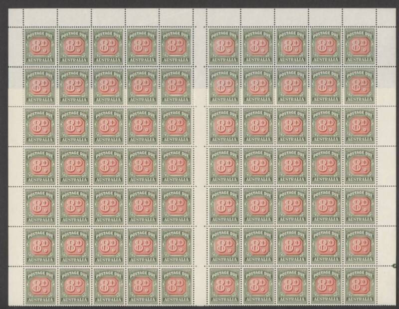 Postage Dues - 1958-60 (SG.D138) No wmk, 8d Red & Deep Green, Die 2, complete sheet with perf pip at right; will yield 12 strips of 5 with selvedge both sides. Superb MUH. (120). Cat.£720+.