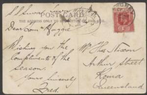 Commonwealth Postal History - 1907 PPC ("Victoria Memorial Hall, Levuka Fiji") to Queensland with Fiji 1d cancelled at Sydney & with oval 'SHIP LETTER/ 1D /LATE FEE' handstamp, message headed "SS Suva", minor blemishes.