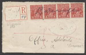 Commonwealth Postal History - 1916 commercial cover with KGV 1d red x4 with manuscript "Barunga" cancel & large red/white registration label, superb Adelaide arrival b/s, minor blemishes. Rated RRRRR.