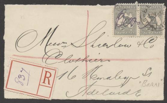 Commonwealth Postal History - 1916 Shierlaw front with Roos 2d pair 9one damaged) & manuscript "Berri" cancel - rated RRRRR - o'struck with Berri cds, large blank registration label.