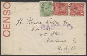 Commonwealth Postal History - 1916 commercial cover to USA with KGV ½d & 1d pair tied by Hobart cds, HUGE 'OPENED/CENSOR' red/white label.