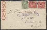 Commonwealth Postal History - 1916 commercial cover to USA with KGV&nbsp;&frac12;d & 1d pair tied by Hobart cds,&nbsp;HUGE&nbsp;'OPENED/CENSOR' red/white label.