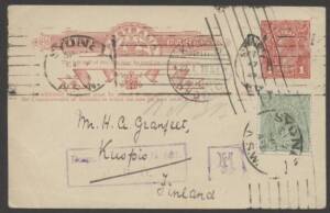 Commonwealth Postal History - 1917 usage of KGV Sideface 1d Postal Card to Finland with KGV ½d tied by Sydney machine cancel, to Finland with 'KUOPIO' bilingual arrival cds on the face.