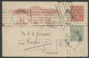 Commonwealth Postal History - 1917 usage of KGV Sideface 1d Postal Card to Finland with KGV&nbsp;&frac12;d tied by Sydney machine cancel, to Finland with 'KUOPIO' bilingual arrival cds on the face.