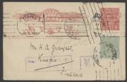 Commonwealth Postal History - 1917 usage of KGV Sideface 1d Postal Card to Finland with KGV ½d tied by Sydney machine cancel, to Finland with 'KUOPIO' bilingual arrival cds on the face.