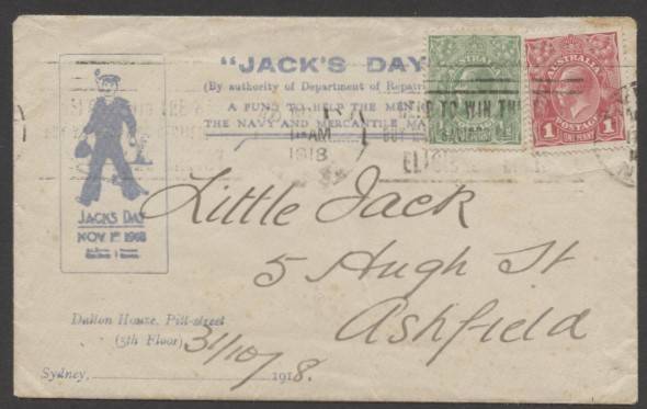 Commonwealth Postal History - 1918 illustrated 'JACK'S DAY/NOV 1st 1918' cover with KGV ½d & 1d tied by Sydney 'HELP TO WIN THE WAR' slogan of NO1/1918. Rare.