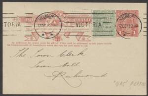 Commonwealth Postal History - 1918 usage of Sideface 1d red Postal Card with printed&nbsp;Metropolitan Gas Company&nbsp;notice on reverse, war tax paid with KGV&nbsp;&frac12;with 'GAS' perfin tied by Melbourne machine of 17DE18. A wonderful item for the perfin or war tax colle