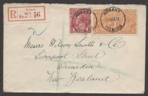 Commonwealth Postal History - 1921 cover to NZ with KGV 1d red & 2d orange x2 tied by 'HOBART' cds, scarce red/white registration label. Pretty!