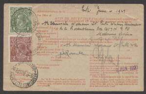 Commonwealth Postal History - 1927 Avis de Reception card to Perth with KGV 1d green & 2d brown (very scarce on cover) tied by Melbourne cds, minor creasing.