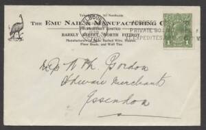 Commonwealth Postal History - 1930 Emu Nail & Manufacturing Co, Fitzroy, Victoria illustrated advertising cover showing Emu sent to Essendon, Vic  with flap unsealed & KGV 1d green (small multiple watermark) tied €˜MELBOURNE/14AUG/1930/VICTORIA€™ machine 