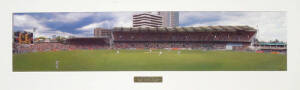 IAN HEALY: Panoramic photograph "The Keeper", showing Ian Healy on his way to 161 not out in the 1996-97 1st Test Aust v WI at Brisbane, framed & glazed, overall 114x41cm.