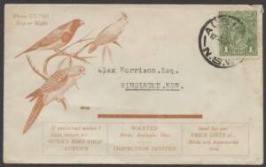 Commonwealth Postal History - 1935 printed matter cover with illustrated advert for&nbsp;Bush's Bird Shop Auburn&nbsp;(NSW) with KGV 1d green tied by 'AUBURN/NSW' cds., minor blemishes.