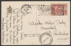 Commonwealth Postal History - 1936 Orient Line PPC Melbourne to Hahndorf with superb 'MISSENT TO' h/s & 'YORKETOWN' cds.