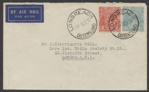 Commonwealth Postal History - 1936 (Dec) commercial airmail cobver to London with KGV 2d & 1/4d tied by superb 'LONGREACH/QUEENSLAND' cds. Superb!