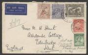 Commonwealth Postal History - 1938 commercial airmail cover to England with remarkable 5-colour KGV/KGVI franking making up the 1/6d rate tied by 'MERRICKS NORTH/VIC' cds. PO closed 7.1.1966. Gippsland.