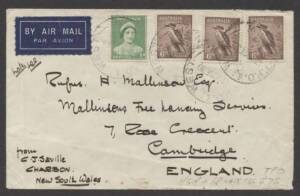 Commonwealth Postal History - 1939 commercial airmail cover to GB with 6d Kooka x3 & 1d green for the Late Fee all tied by 'TPO 1 WEST/UP30SE39/ 2 / NSW' cds, flap fault. An unusual TPO usage.