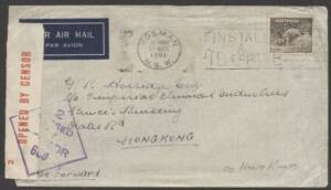 Commonwealth Postal History - 1941 (March) commercial airmail cover to Hong Kong with 9d Platypus tied by Mosman (NSW) machine cancel, minor blemishes.