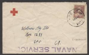 Commonwealth Postal History - 1942 commercial Red Cross cover with huge 'NAVAL SERVICE' h/s in violet & 1d tied by scarce 'CAPE OTWAY/VIC' cds used at the lighthouse which was under military control during WWII, minor blemishes. Terrific lighthouse item.