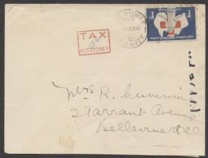 Commonwealth Postal History - 1942 commercial greetings card cover with invalid franking of 1d Lady Gowrie Red Cross Appeal label just tied by Sydney cds, boxed 'TAX/("5d")/No3 SYDNEY' h/s in red. Most unusual.