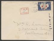 Commonwealth Postal History - 1942 commercial greetings card cover with invalid franking of 1d Lady Gowrie Red Cross Appeal label just tied by Sydney cds, boxed 'TAX/("5d")/No3 SYDNEY' h/s in red.&nbsp;Most unusual.