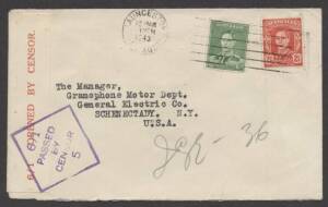 Commonwealth Postal History - 1944 cover sent to USA with KGVI 2½d & 1½d tied 'LAUNCESTON/13MCH/1943/TAS-AUST' machine cancel censored with '6/1 OPENED BY CENSOR' red on white label (Little type L6/1-5a, text 52.5mm long) affixed at left tied by '6/1 PASS