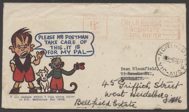 Commonwealth Postal History - 1948 multi-coloured illustrated advertising cover with Ginger Meggs cartoon "Please Mr. Postman take care of this ..." sent to Westgarth, Vic with €˜PAID AT/1½d/7OCT/1948/MELBOURNE€™ machine cancel in red paying commercial pa